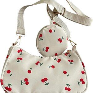 Women's Cherry Graphic Zipper Crossbody Bag Adjustable Strap Cute Hobo Bag with